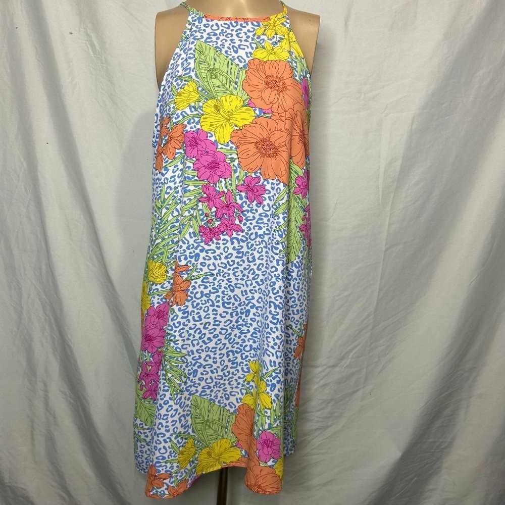 Caroline Hill Tropical Floral Leopard Print Tassel Halter Shift Dress Large